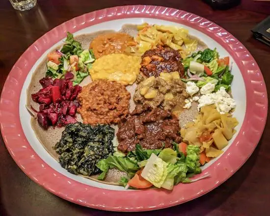 Authentic Ethiopian veggie platter with lentils and injera at Gohe Ethiopian Restaurant Winnipeg